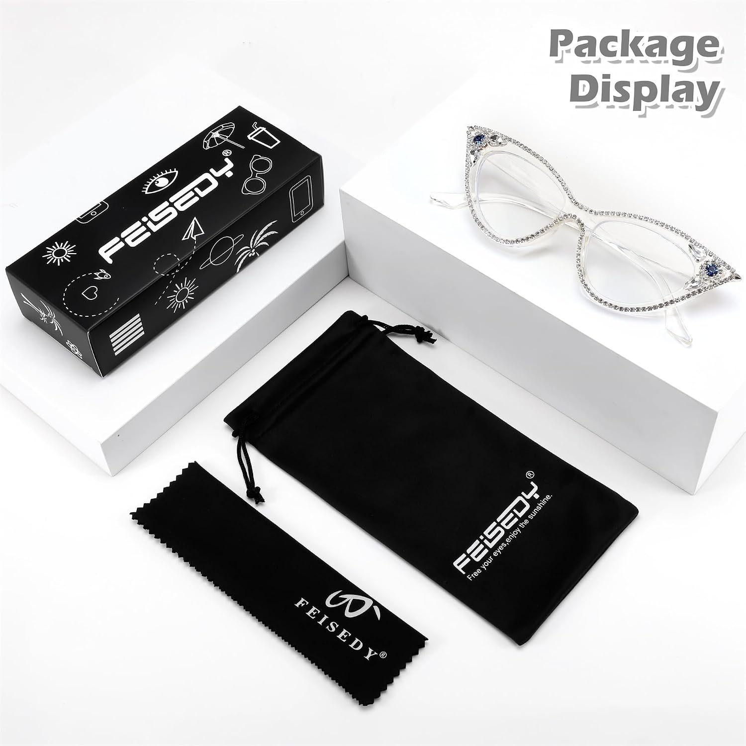 商品图片 15 | B0CQ55685Z | FEISEDY Diamond Blue Light Blocking Glasses Cat Eye Rhinestone Women Glasses Frame Anti Eyestrain Computer Eyewear B0070