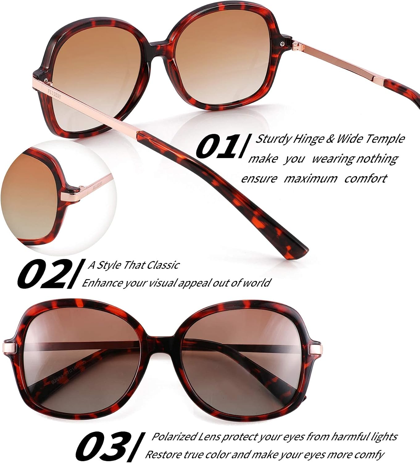 商品图片 10 | B08QDD5B67 | FEISEDY Classic Womens Elegant Polarized Sunglasses Ladies Wide Square Sunglasses Shades B2683