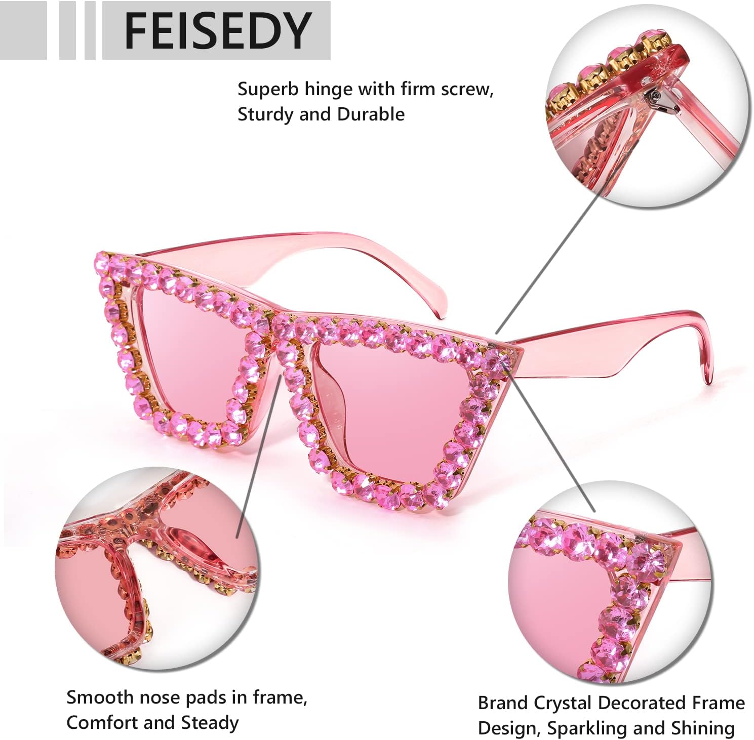 商品图片 35 | B09V7X56D4 | FEISEDY Women Crystal Square Cat Eye Sunglasses Sparkling Trendy Retro Cateye Sunglasses B2898