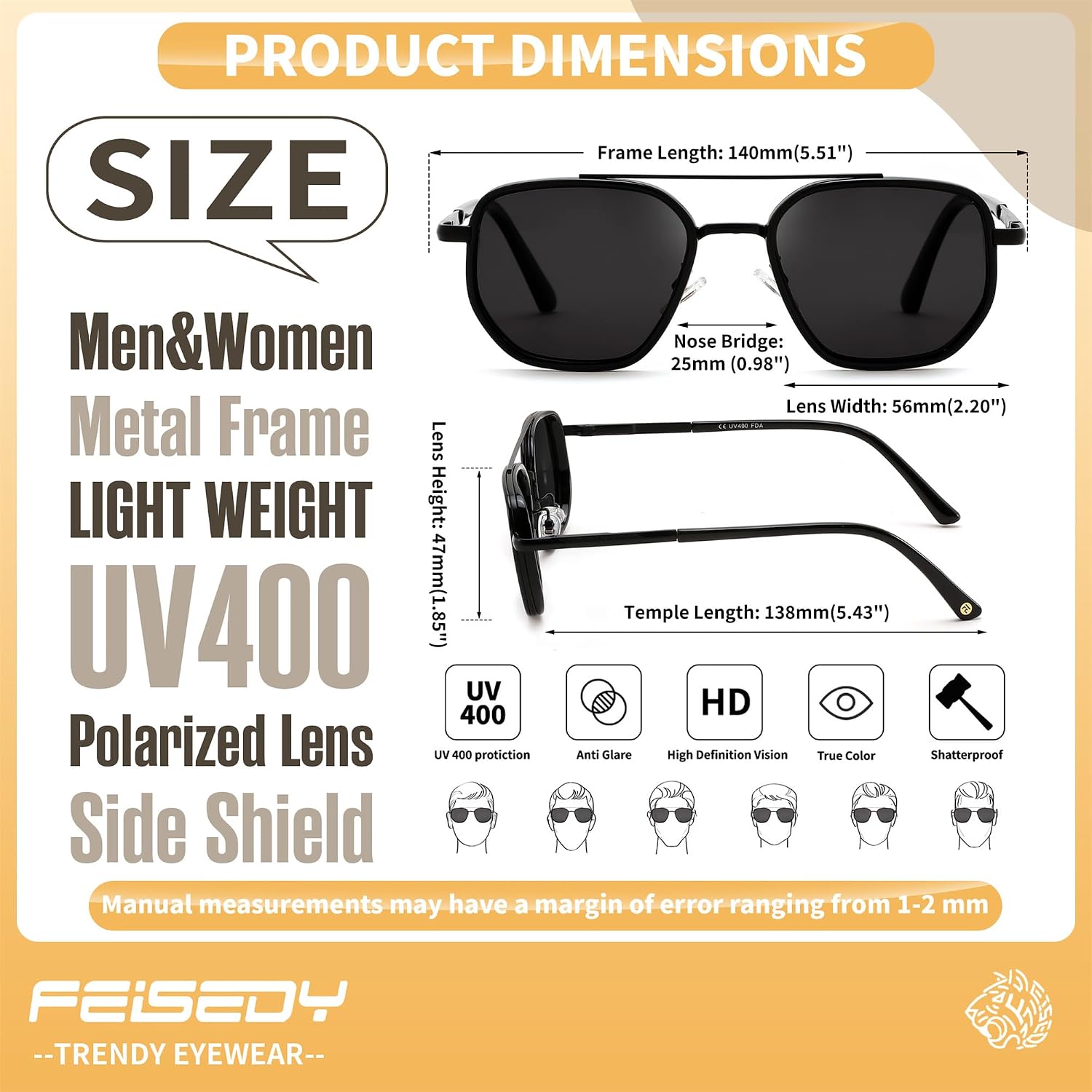 商品图片 6 | B0FQ4Y7FV6 | FEISEDY Polarized Aviator Sunglasses for Women Men Square TAC Lens B0329 | UV400 protection, Lightweight, Military-grade durability, Spring temples, Climate Pledge Friendly, Driving, Beach