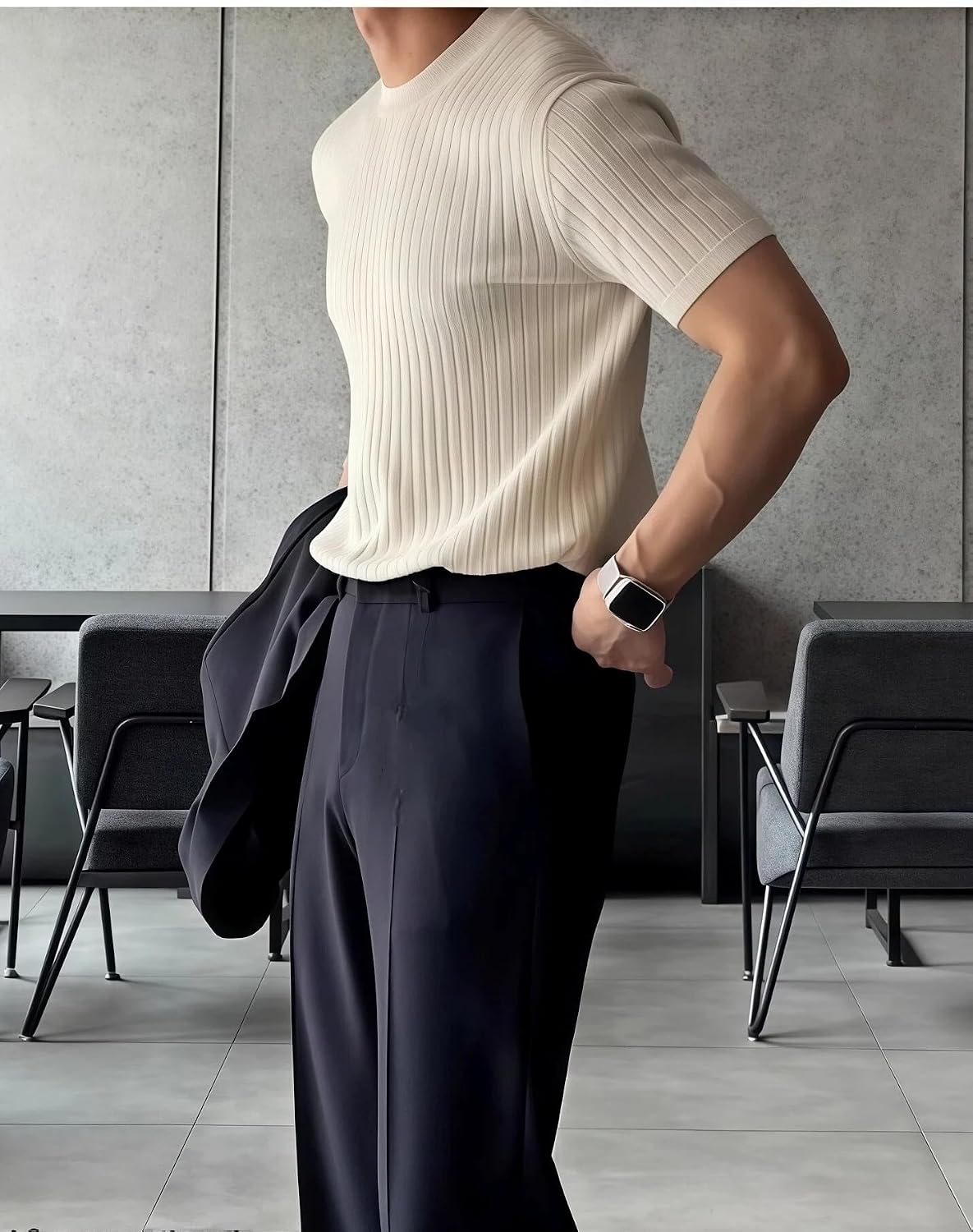 商品图片 3 | B0H4Q8CCTK | Men's T-Shirts Short Sleeve Knit Shirt - Casual Crewneck Ribbed Tee Shirt Soft Breathable Fabric, Slim Fit for Daily Wear