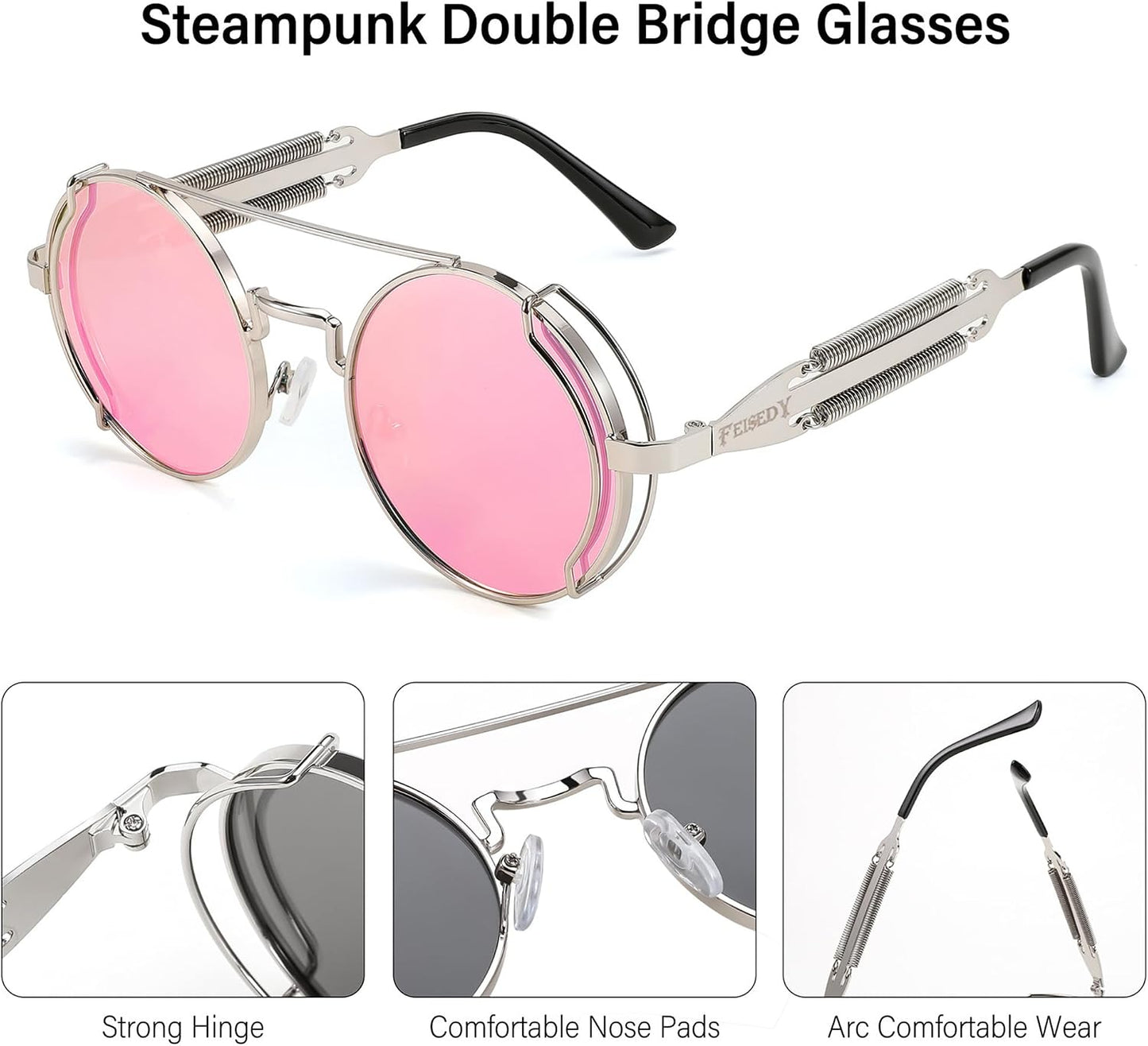 商品图片 27 | B0BD4MSMZQ | FEISEDY Aviator Sunglasses for Men Women Steampunk Round Metal Frame B2351