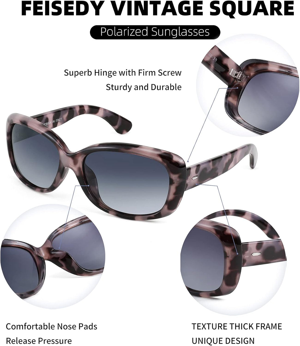 ÉÌƷͼƬ 24 | B094CJFYW6 | FEISEDY Vintage Square Polarized Sunglasses for Women Men Havana Thick Wrap Around Sun Glasses UV400 B2703