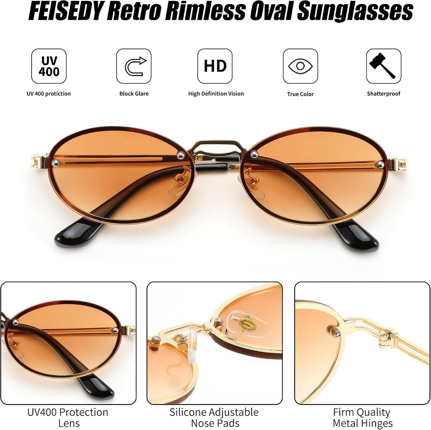 商品图片 5 | B0DGPQ2BTK | FEISEDY Retro Oval Sunglasses for Women Men Trendy Sun Glasses Classic Metal Shades UV400 Protection B0245