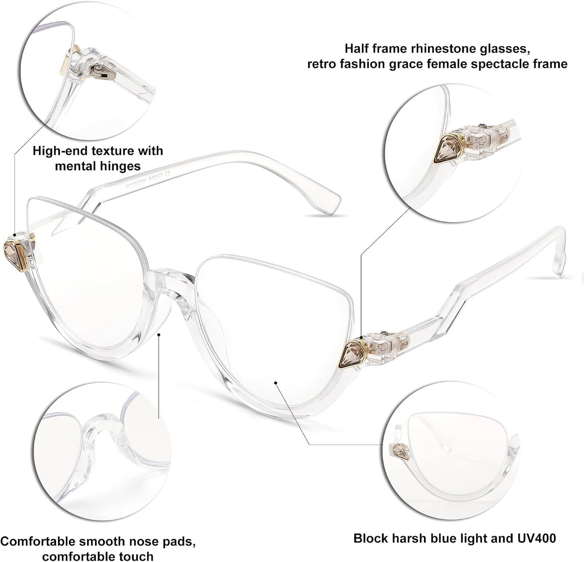 ÉÌƷͼƬ 10 | B0CJFLY9C9 | FEISEDY Reading Glasses for Women Fashion Half Frame Cat Eye Glasses Anti Glare Eyeglasses B0067