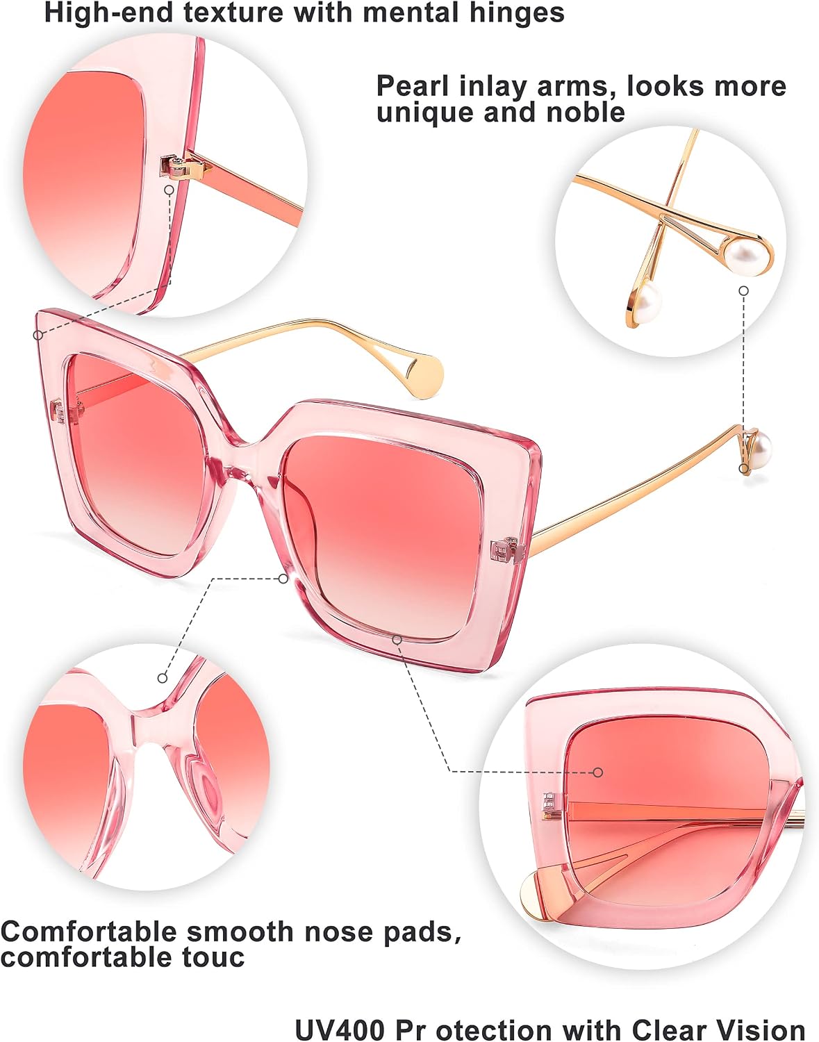 商品图片 83 | B08HVPGJW5 | FEISEDY Sunglasses Womens Trendy, Oversized Square Shades, Pearl Inlay Cat Eye Frame UV400 Protection B2625
