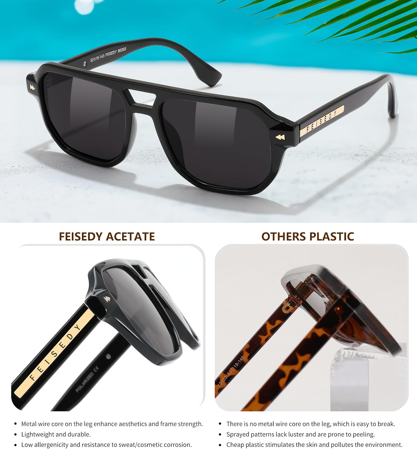 商品图片 16 | B0DSH2BVX5 | FEISEDY Polarized Aviator Sunglasses Men Women, Retro 70s Style Design - UV400 Protection, Driving & Daily Wear B0203
