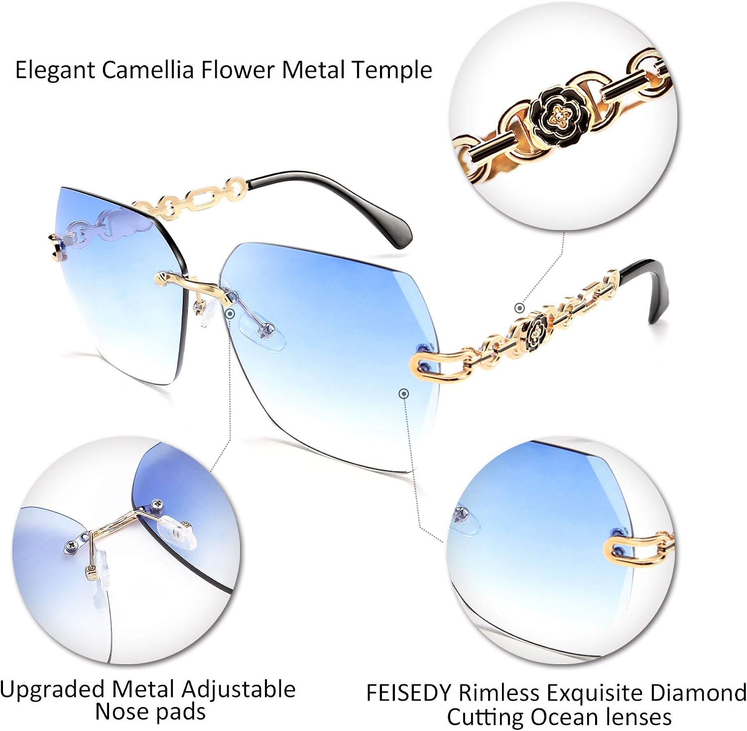 商品图片 20 | B083VRLS2Q | FEISEDY Classic Rimless Sunglasses Women Metal Frame Diamond Cutting Lens Sun Glasses B2567