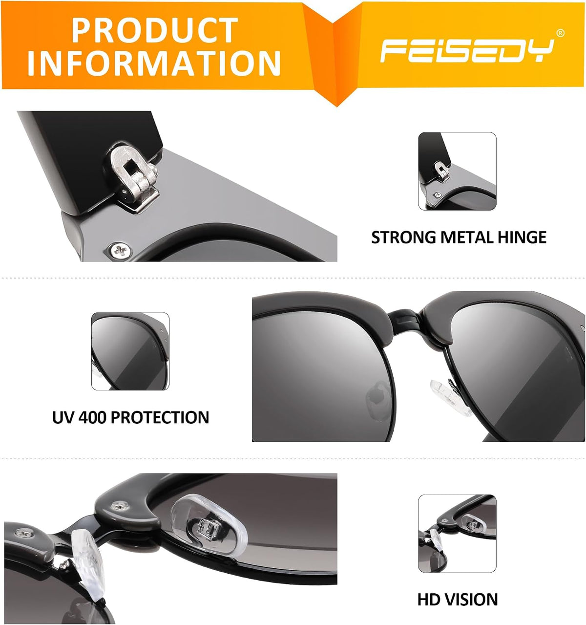ÉÌƷͼƬ 5 | B0D5HQDPLZ | FEISEDY Semi-Rimless Sunglasses for Men Women Classic Sun Glasses Retro Metal Frame Shades UV400 Protection B0185