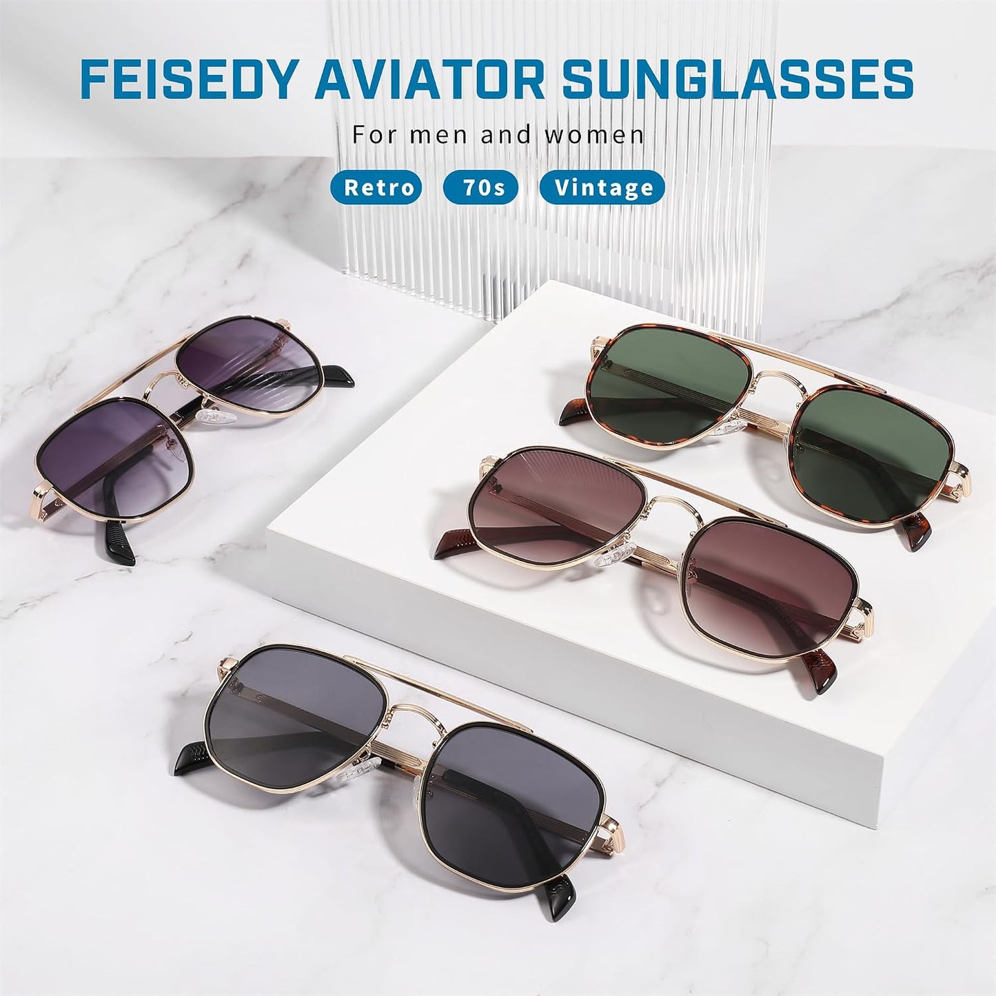 商品图片 20 | B0B38ZHMJL | FEISEDY Sunglasses Aviator Men Women 70s Sun Glasses Square Frame UV400 Protection B2953