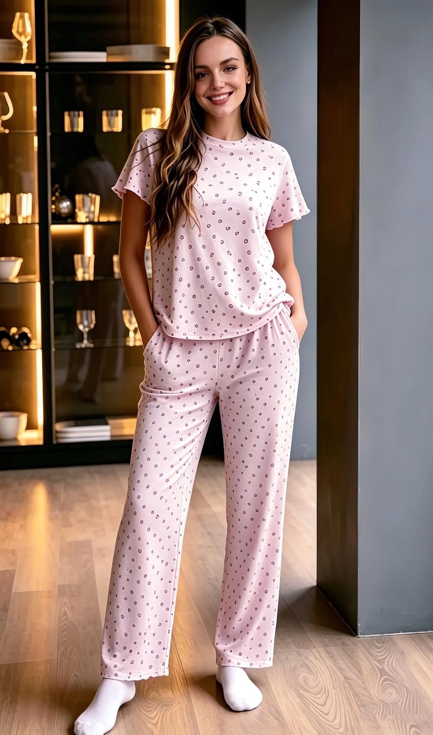 Medium | B0GXHP46GJ | Womens Pajamas Sets 2 Piece Short Ruffle Sleeve Cute Printed Pj Sets Soft Loose Lounge Sleepwear for Women