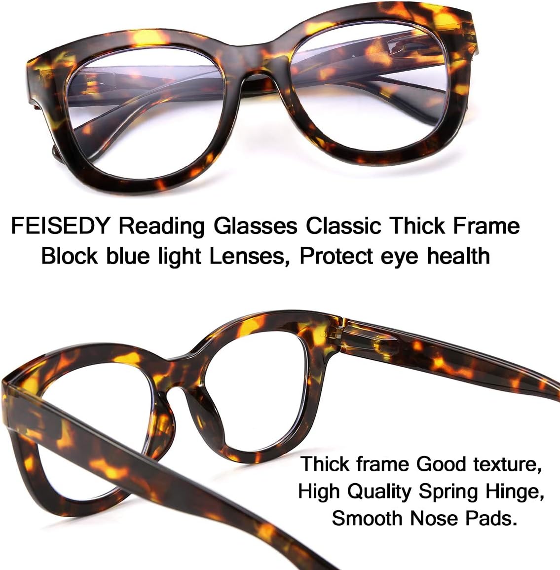 商品图片 17 | B082SVW71F | FEISEDY Retro Reading Glasses Thick Square Big Frame Blue Light Blocking Lens Anti Glare Digital Eyestrain B2534