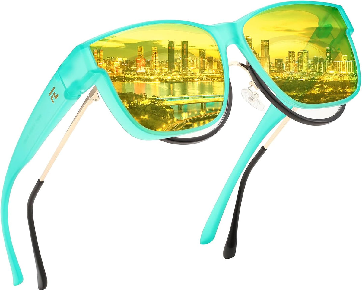 Green / 60 Millimeters | B0DJS97S71 | FEISEDY Night Vision Driving Glasses Anti Glare Fit Over Glasses for Men Women Polarized Nighttime B0250