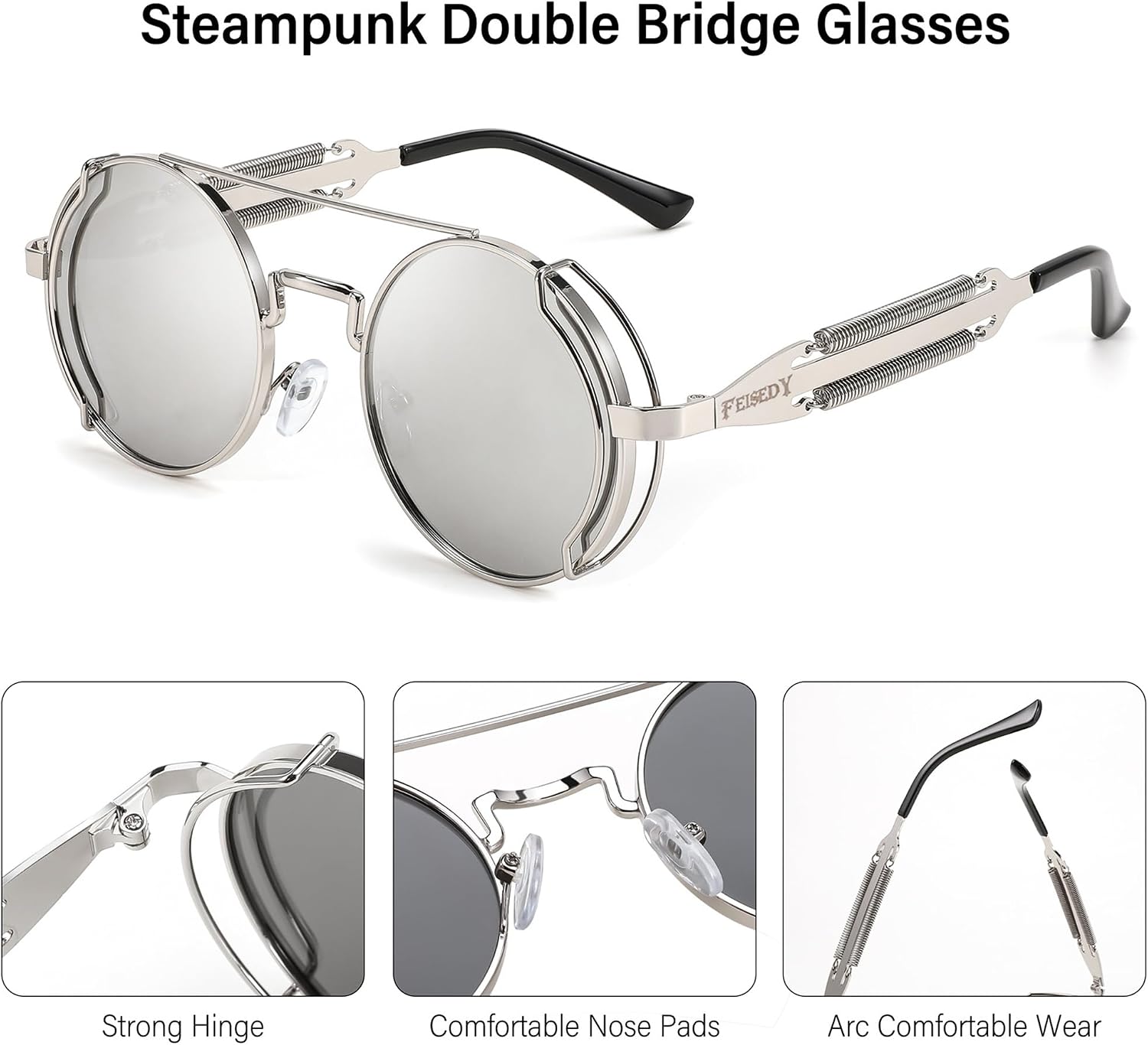 商品图片 30 | B0BD4MSMZQ | FEISEDY Aviator Sunglasses for Men Women Steampunk Round Metal Frame B2351