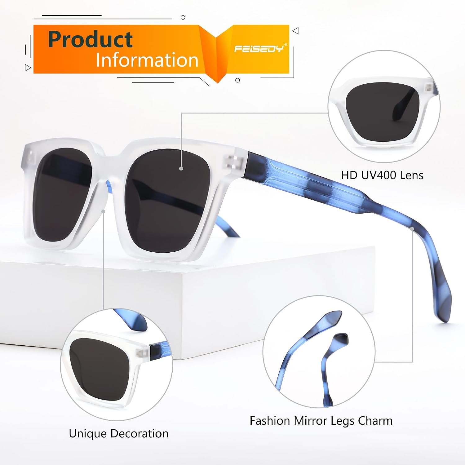 商品图片 25 | B0D7CC769X | FEISEDY Retro Square Sunglasses Women Men Trendy Rectangle Thick Frame Shades Classic Designer Sun Glasses B0198