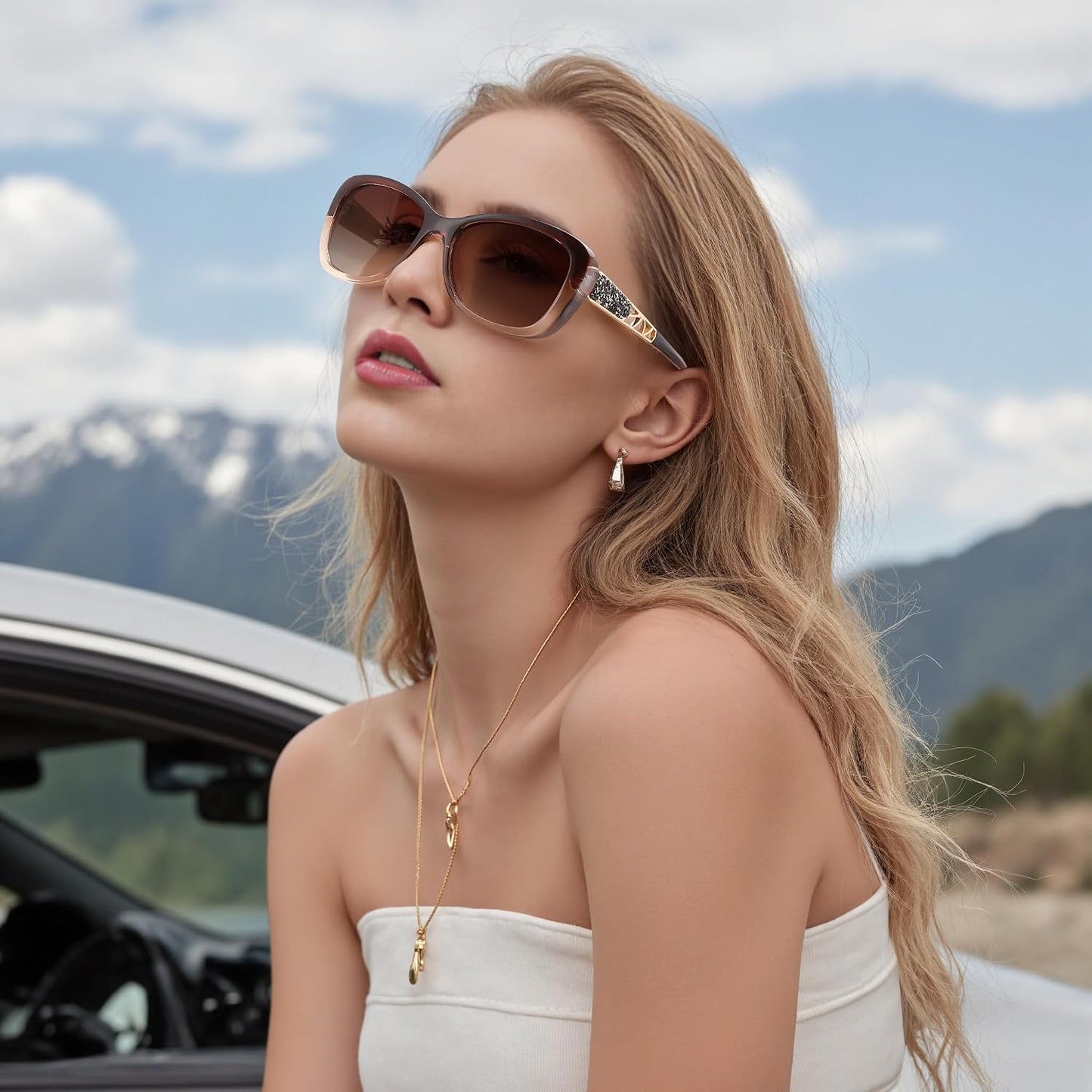 商品图片 23 | B0D2RBKKPD | FEISEDY Polarized Women Sunglasses Retro Shades Photochromic Lens Sparkling Crystal Sunglasses UV400 Protection B0144