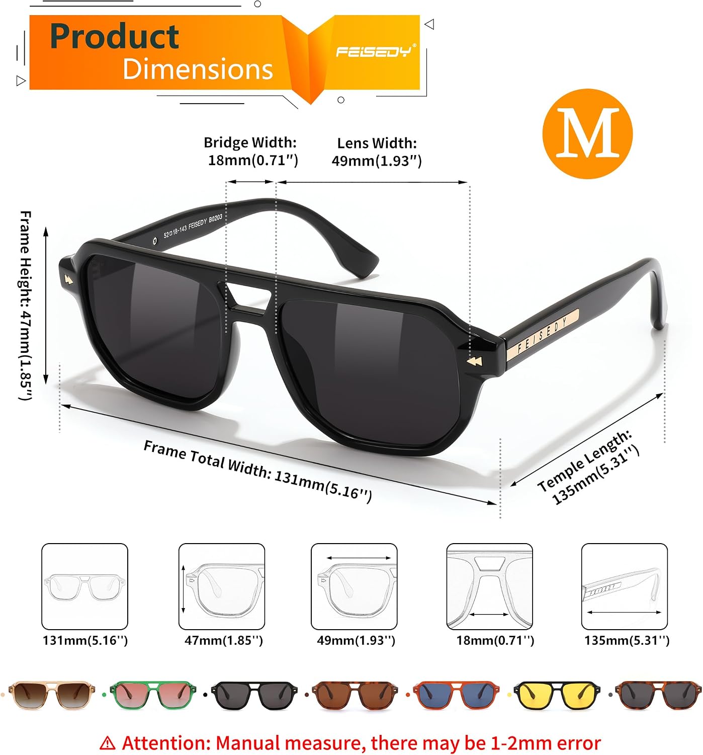 商品图片 15 | B0DSH2BVX5 | FEISEDY Polarized Aviator Sunglasses Men Women, Retro 70s Style Design - UV400 Protection, Driving & Daily Wear B0203