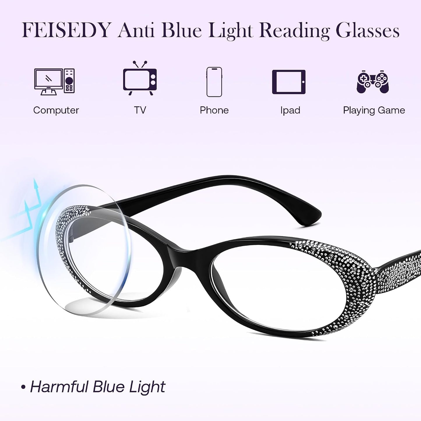 商品图片 4 | B0GQGH2F9W | FEISEDY 3 Pack Oval Reading Glasses Women Blue Light with Rhinestone B0375