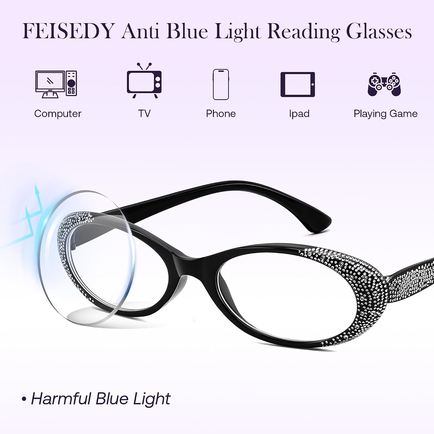 商品图片 4 | B0GQGH2F9W | FEISEDY 3 Pack Oval Reading Glasses Women Blue Light with Rhinestone B0375