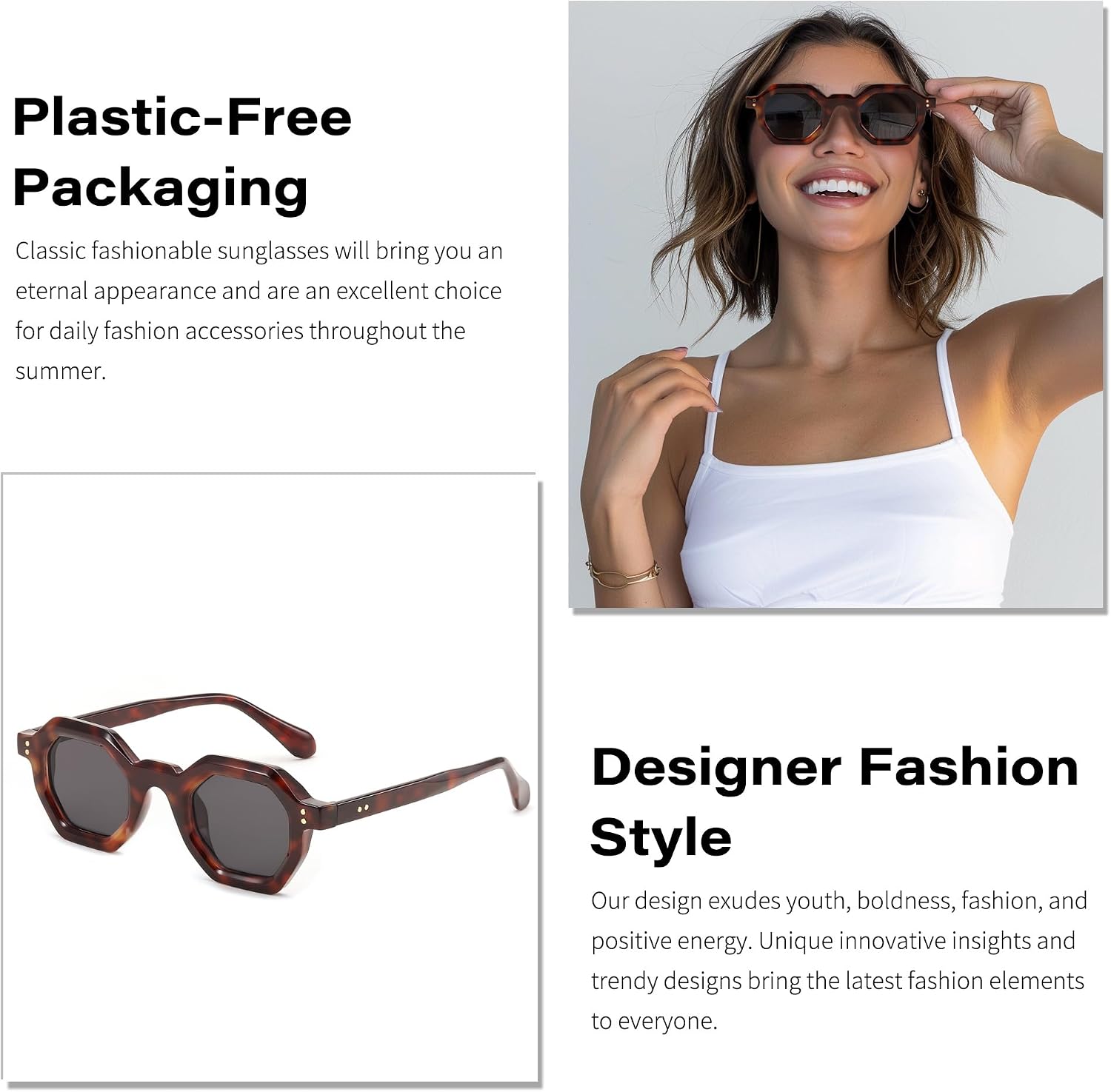 商品图片 31 | B0CSJQ26W8 | FEISEDY Octagon Sunglasses for Women - Thick Frame Fashion Rectangle Sun Glasses - Summer UV400 Protection
