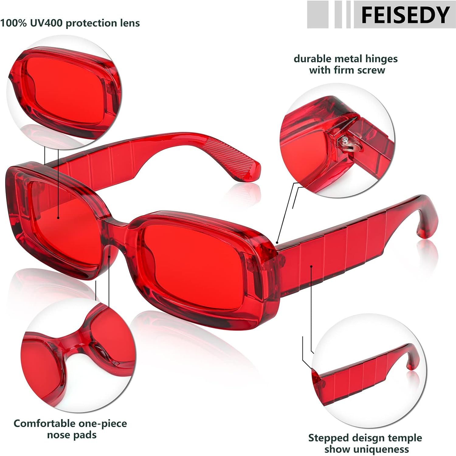 商品图片 35 | B0B12FXZW5 | FEISEDY Rectangle Sunglasses for Women Men Retro Y2k 90s Thick Frame Chunky Square Sunglasses UV400 Protection B2307