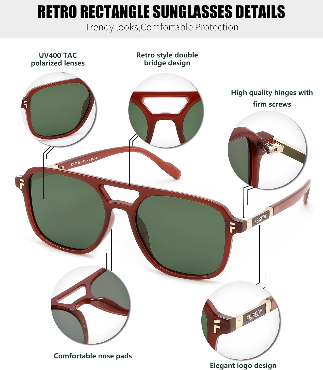 商品图片 40 | B0H2V9BFS5 | FEISEDY Retro Polarized Aviator Square Sunglasses for Women Men UV400 B0357