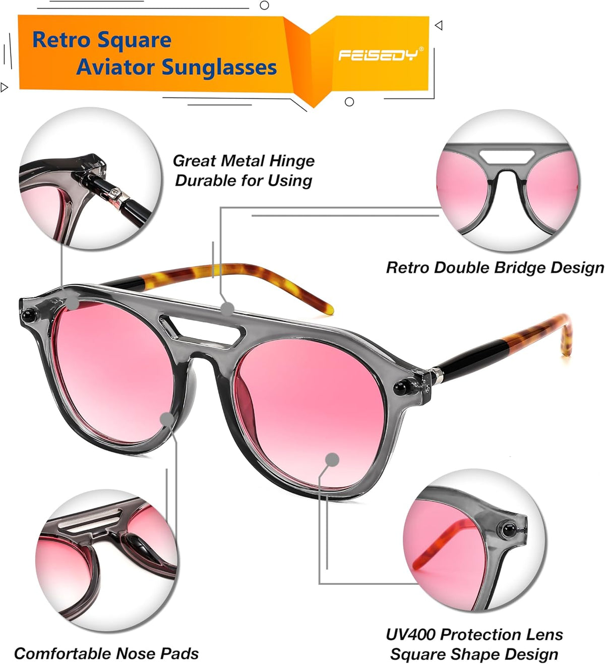ÉÌƷͼƬ 13 | B0CHBBJ1H1 | FEISEDY Retro Square Aviator Sunglasses Womens Mens Trendy 70s Vintage Stylish Frame UV400 Sun Glasses B0051