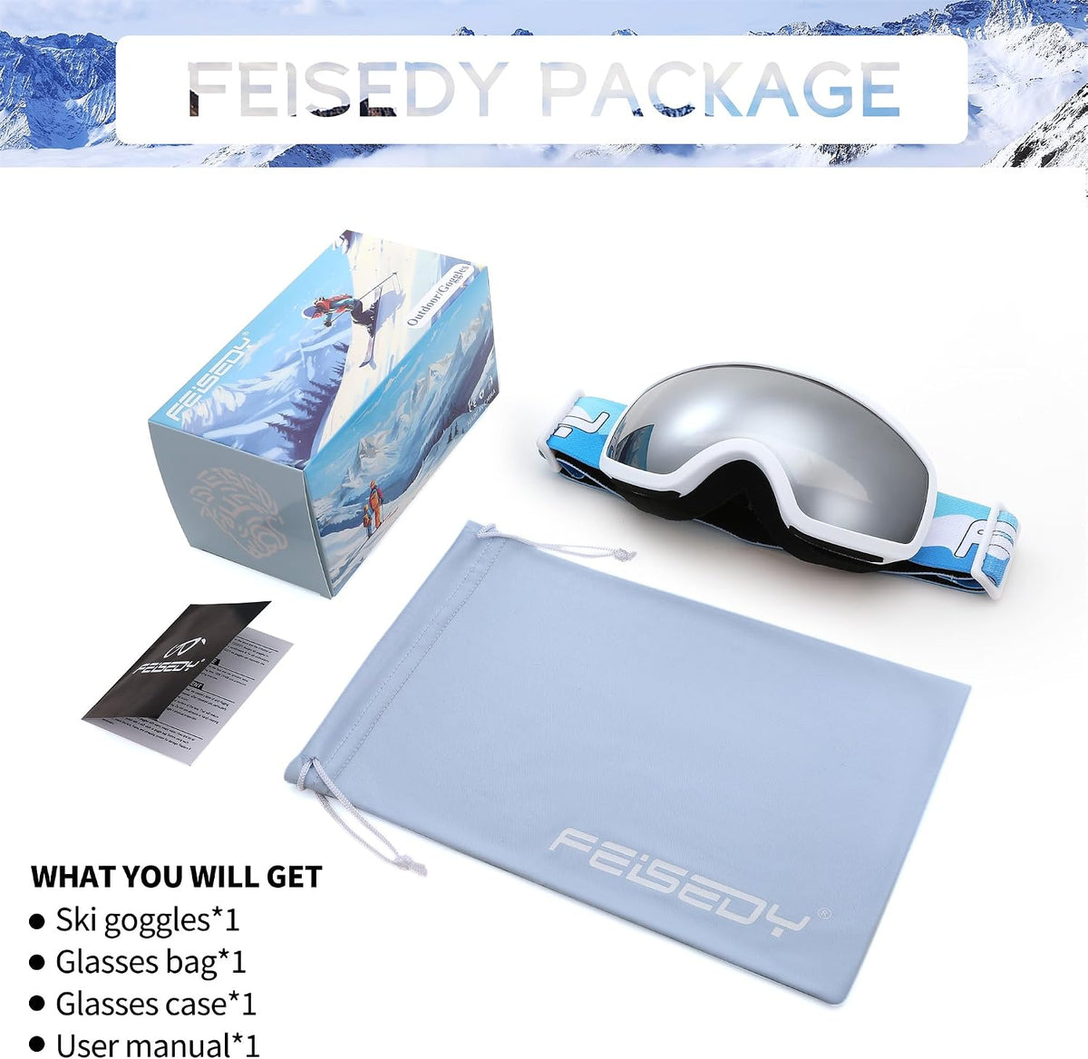商品图片 23 | B0CHF64BPK | FEISEDY Kids Ski Goggles,Snowboard Goggles for Boys Girl Youth,OTG Anti Fog UV Protection Snow Goggles B0019