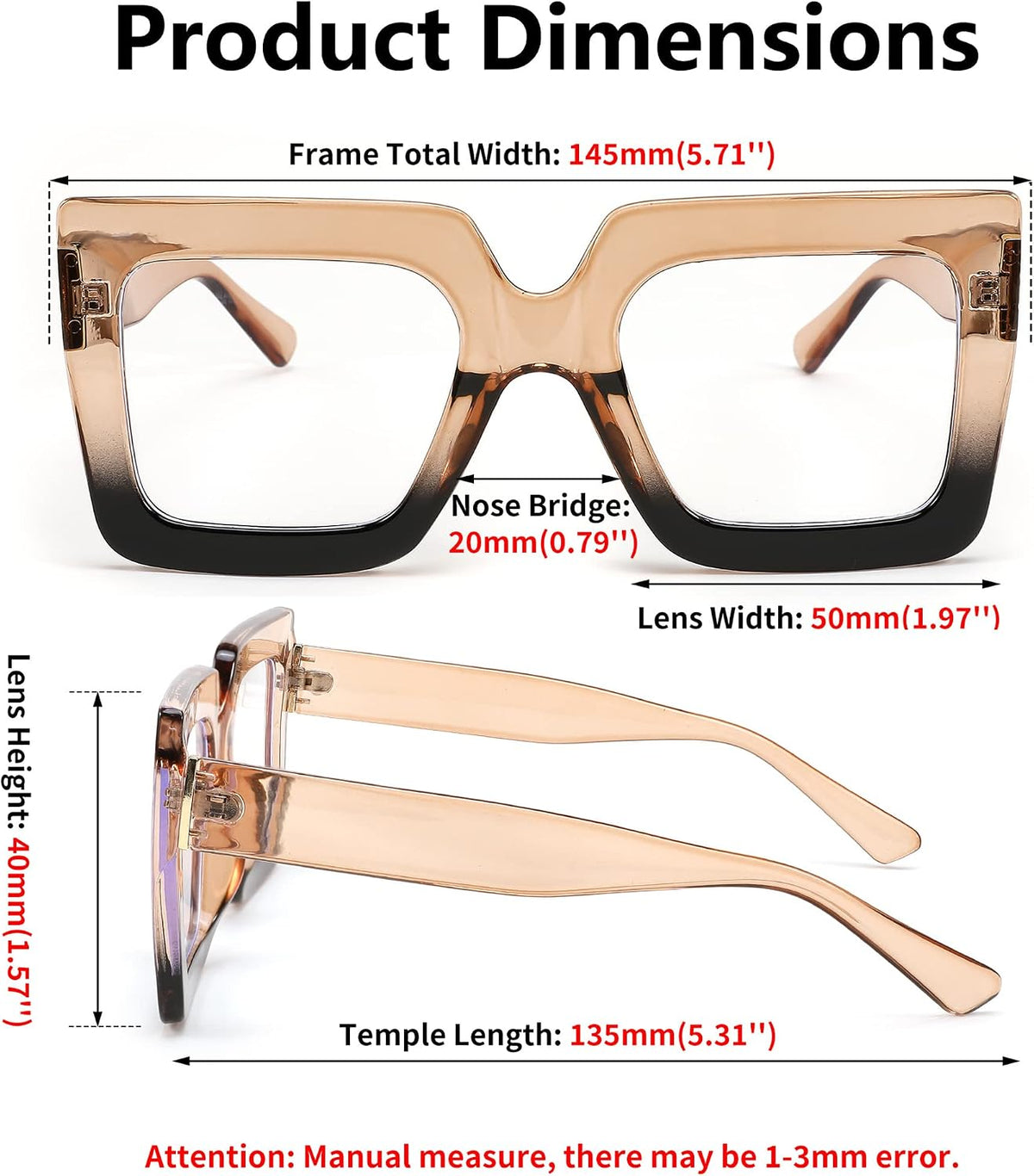 商品图片 6 | B0BZRTPH3F | FEISEDY Fashion Oversized Blue Light Glasses for Women Anti Fatigue Thick Square Computer Eyewear B2381