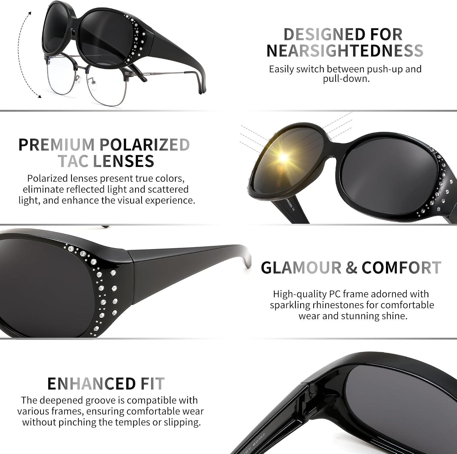 商品图片 5 | B0GRVLVZYS | FEISEDY Women's Polarized Wrap-Around Fit Over Sunglasses with Rhinestones, Anti-Glare Driving Sun Glasses B0362