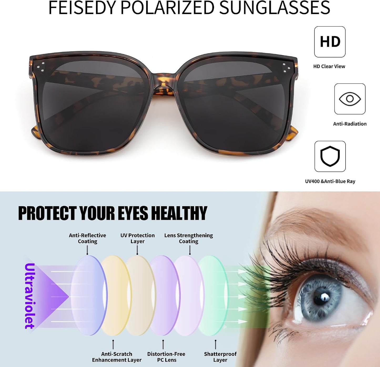 商品图片 4 | B0871BKMTN | FEISEDY Oversized Polarized Sunglasses - UV400 Protection, Square Fashion Sun Glasses for Outdoor & Daily B2600