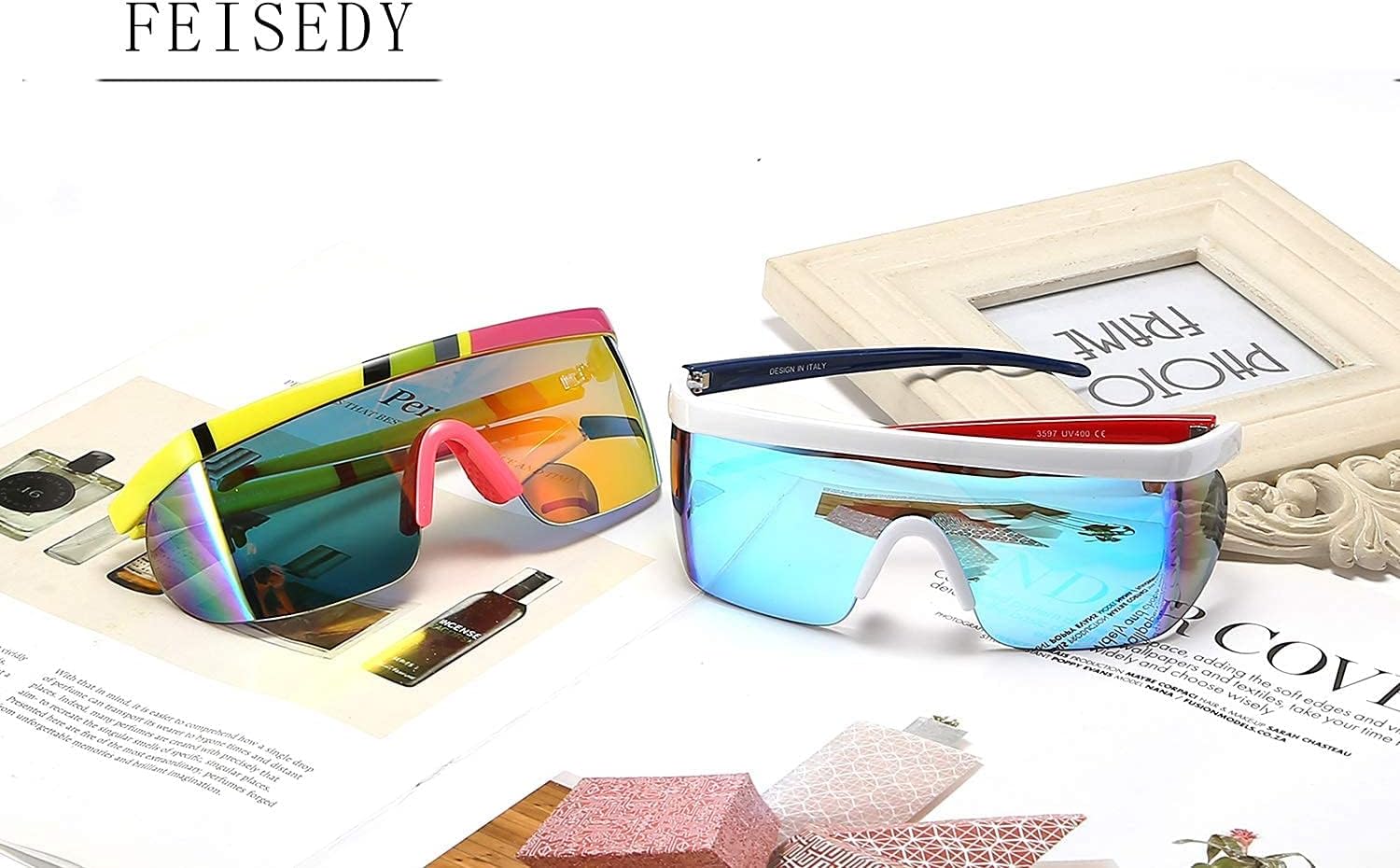 商品图片 32 | B096SD9GGG | FEISEDY Oversized Mirror Shield Sport 80s Sunglasses Ski Goggles Flat Top One Piece Futuristic Visor Women Men B2522