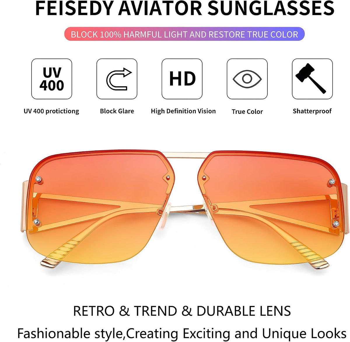 ÉÌƷͼƬ 11 | B0CP2666ZB | FEISEDY Trendy Aviator Sunglasses for Women Men Retro Metal Rimless Frame Square Shades B2985