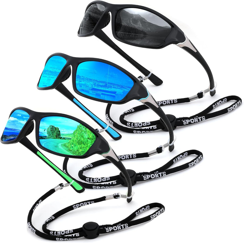 3pack-black+deep Blue+green / 60 Millimeters | B0FG2NFPX3 | FEISEDY 3 Pack Polarized Sports Sunglasses for Men, Wrap Around Frame, UV400 Protection, Fishing Driving Cycling B2674