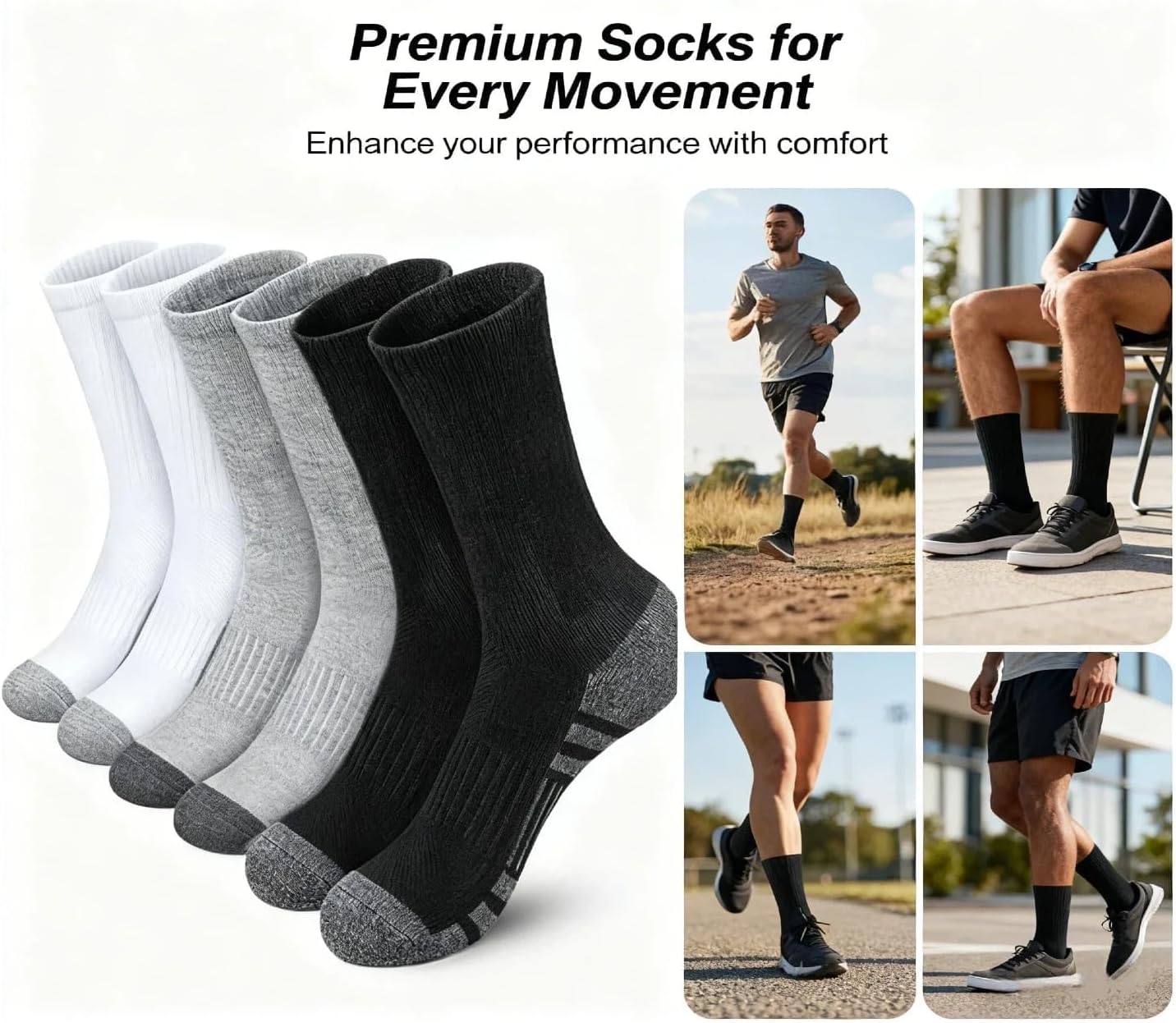 商品图片 7 | B0FPLFTFDC | Men's Socks - Breathable, Moisture-Wicking, Non-Slip & Comfortable (3-Pack, Black/Gray/White) Size 6-13