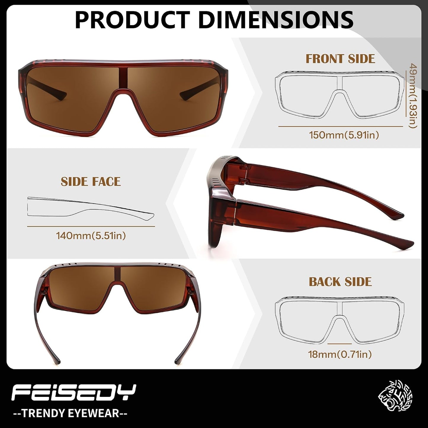 商品图片 5 | B0FWBV3SMZ | FEISEDY Oversized Square Fit Over Glasses Sunglasses for Men Women B0332