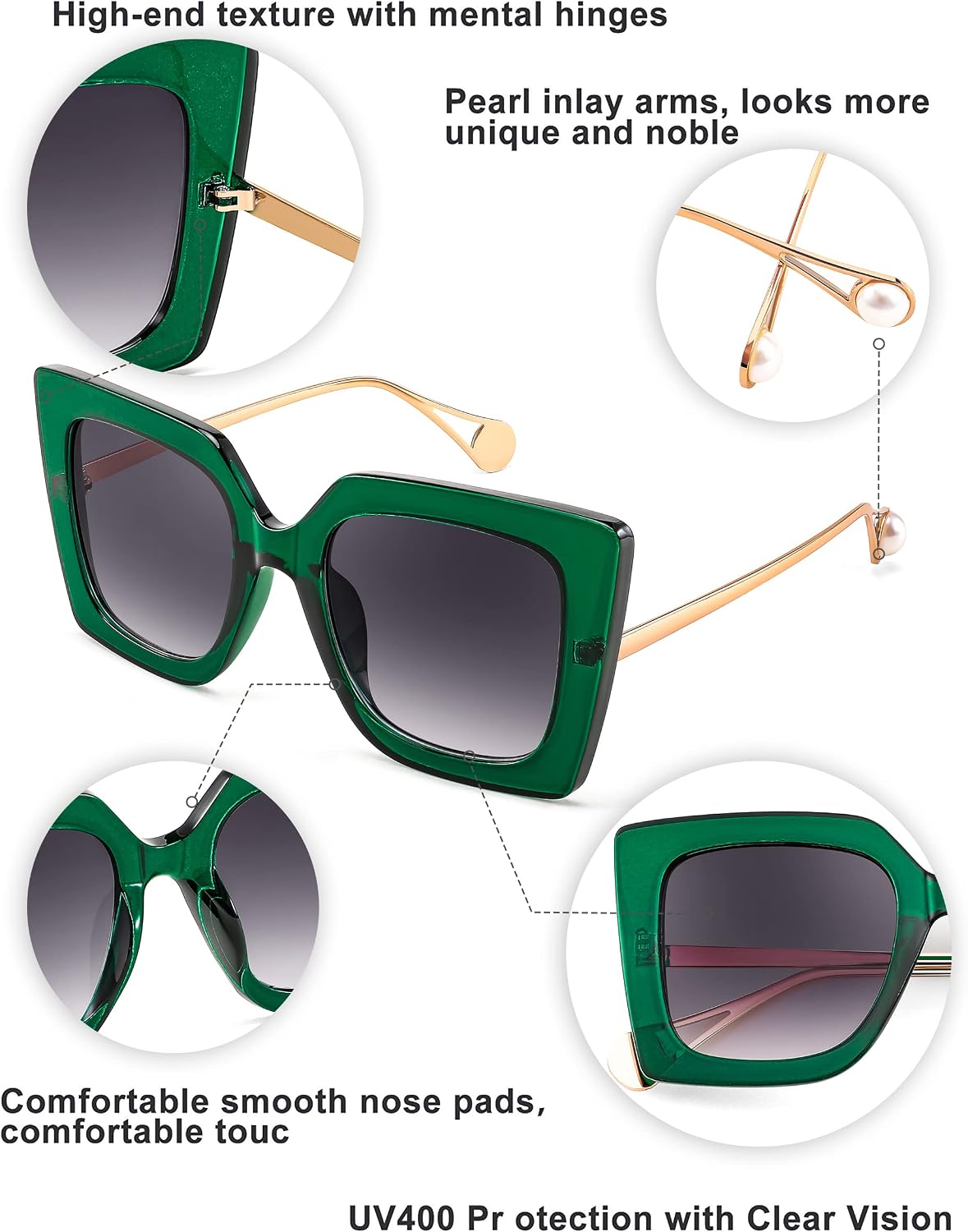商品图片 18 | B08HVPGJW5 | FEISEDY Sunglasses Womens Trendy, Oversized Square Shades, Pearl Inlay Cat Eye Frame UV400 Protection B2625
