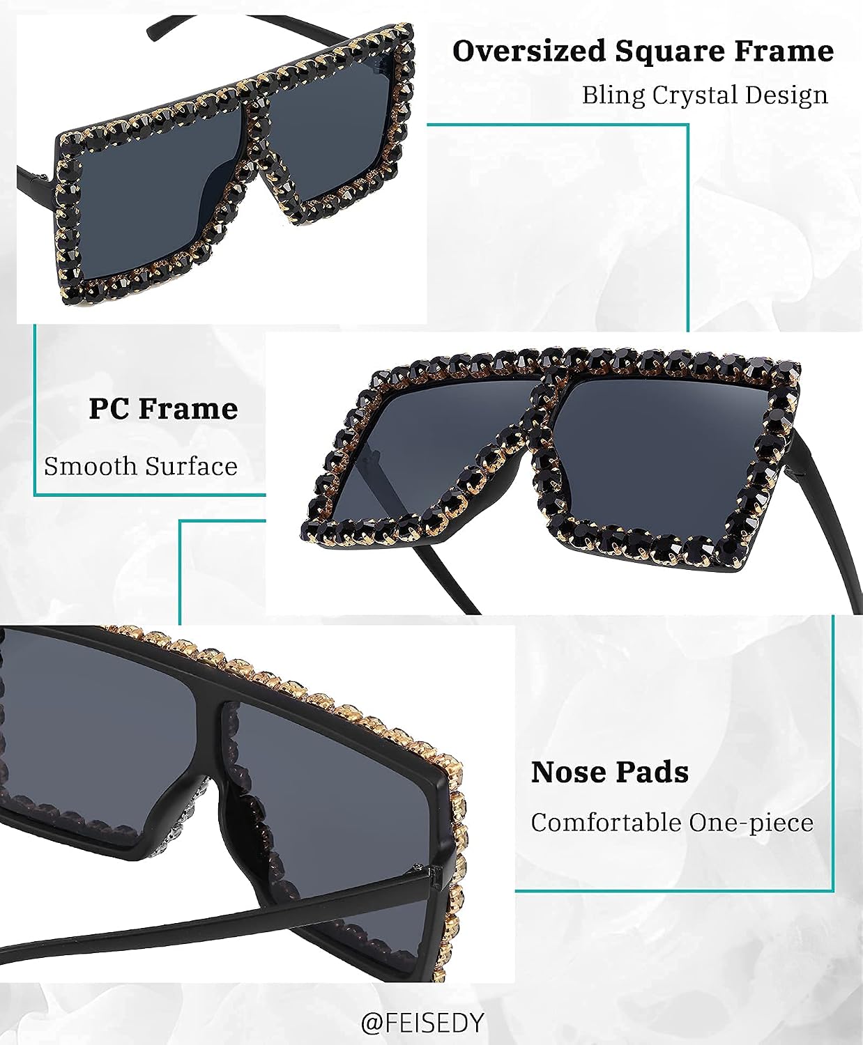 商品图片 6 | B096YZPRF2 | FEISEDY Oversized Sparkling Crystal Sunglasses Disco Diamond Flat Top Fashion Square Large Shades B2782