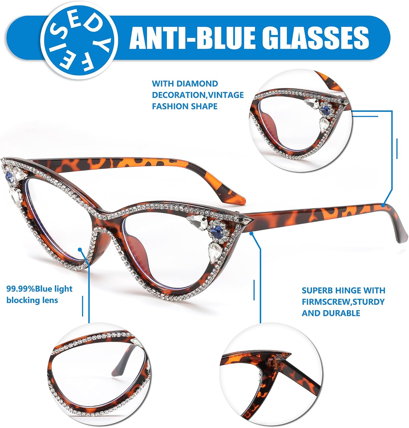商品图片 19 | B0CQ55685Z | FEISEDY Diamond Blue Light Blocking Glasses Cat Eye Rhinestone Women Glasses Frame Anti Eyestrain Computer Eyewear B0070