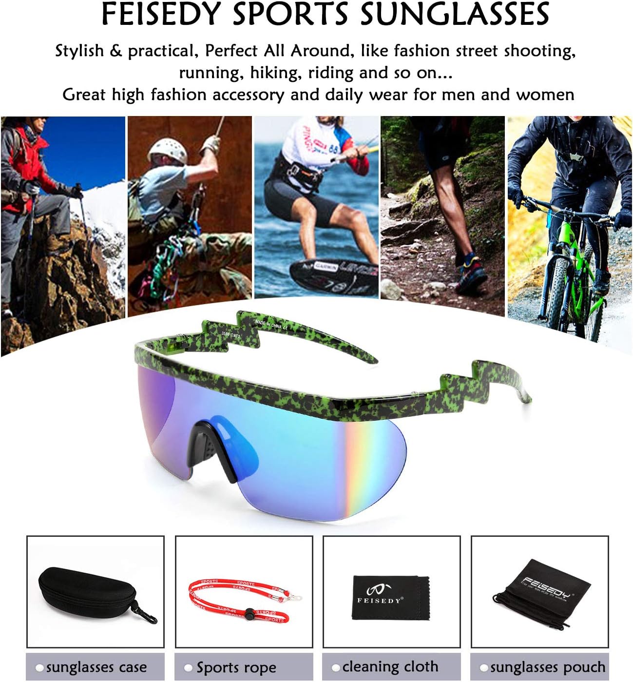 商品图片 56 | B096SD9GGG | FEISEDY Oversized Mirror Shield Sport 80s Sunglasses Ski Goggles Flat Top One Piece Futuristic Visor Women Men B2522