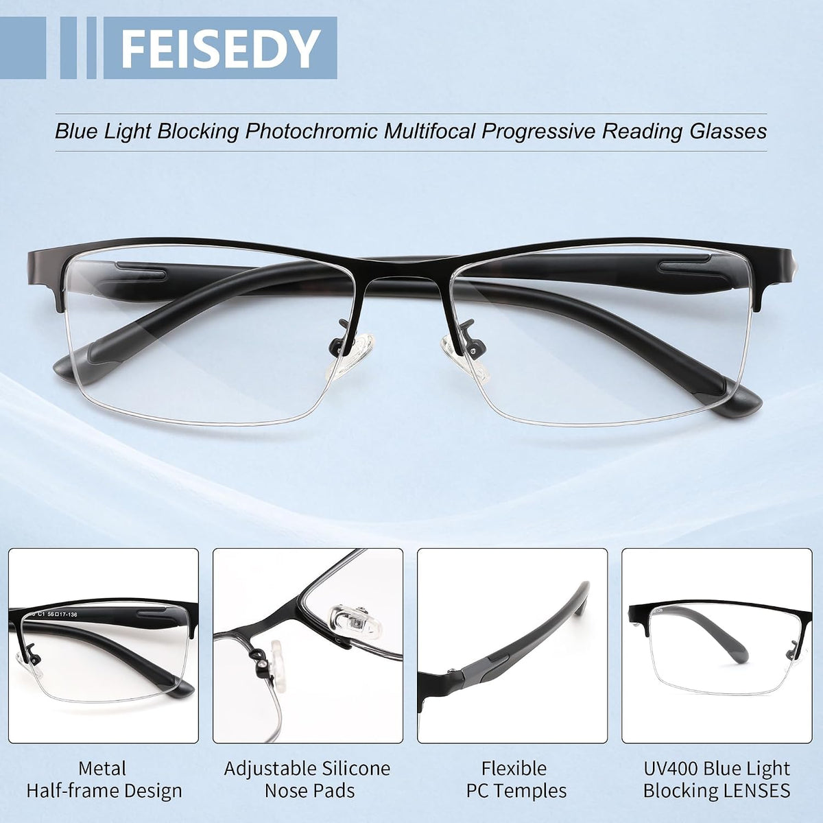商品图片 5 | B0HBWVWRX5 | FEISEDY Rectangle Blue Light Blocking Reading Glasses Half Frame B0462