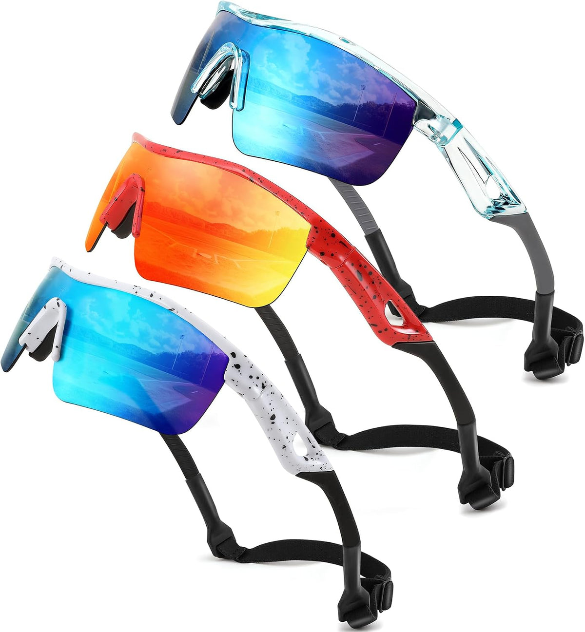 3pack Transparent Blue & Blue+spot Red+spot White & Blue / 125 Millimeters | B0DZH3LNLS | FEISEDY Kids Polarized Sports Sunglasses, TR90 UV400 Baseball Cycling