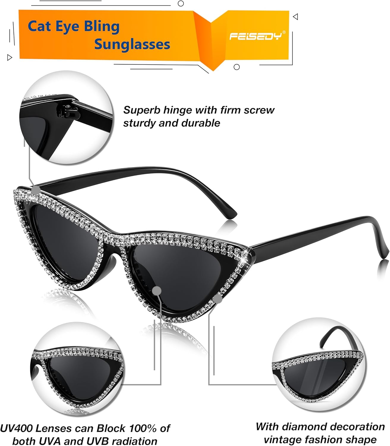 商品图片 47 | B0BZ7YMM4F | FEISEDY Oversized Women Cat Eye Rhinestone Sunglasses Costume Party B2360