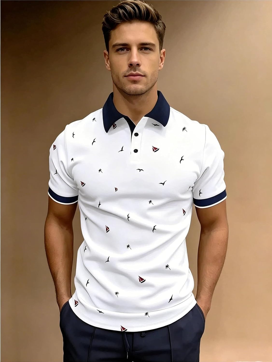 Small | B0H3599FM4 | White Nautical Print Golf Shirts for Men, Dry Fit Short Sleeve Polo Shirt, Casual Summer Golf Polo for Vacation Daily Wear