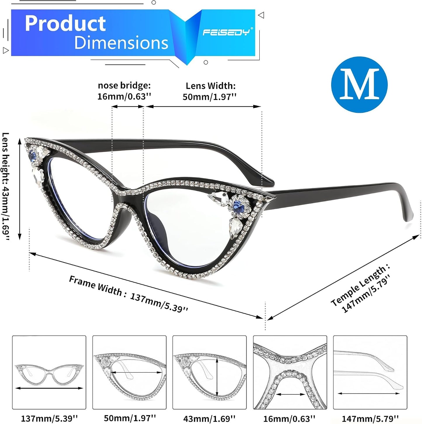 商品图片 7 | B0CQ55685Z | FEISEDY Diamond Blue Light Blocking Glasses Cat Eye Rhinestone Women Glasses Frame Anti Eyestrain Computer Eyewear B0070
