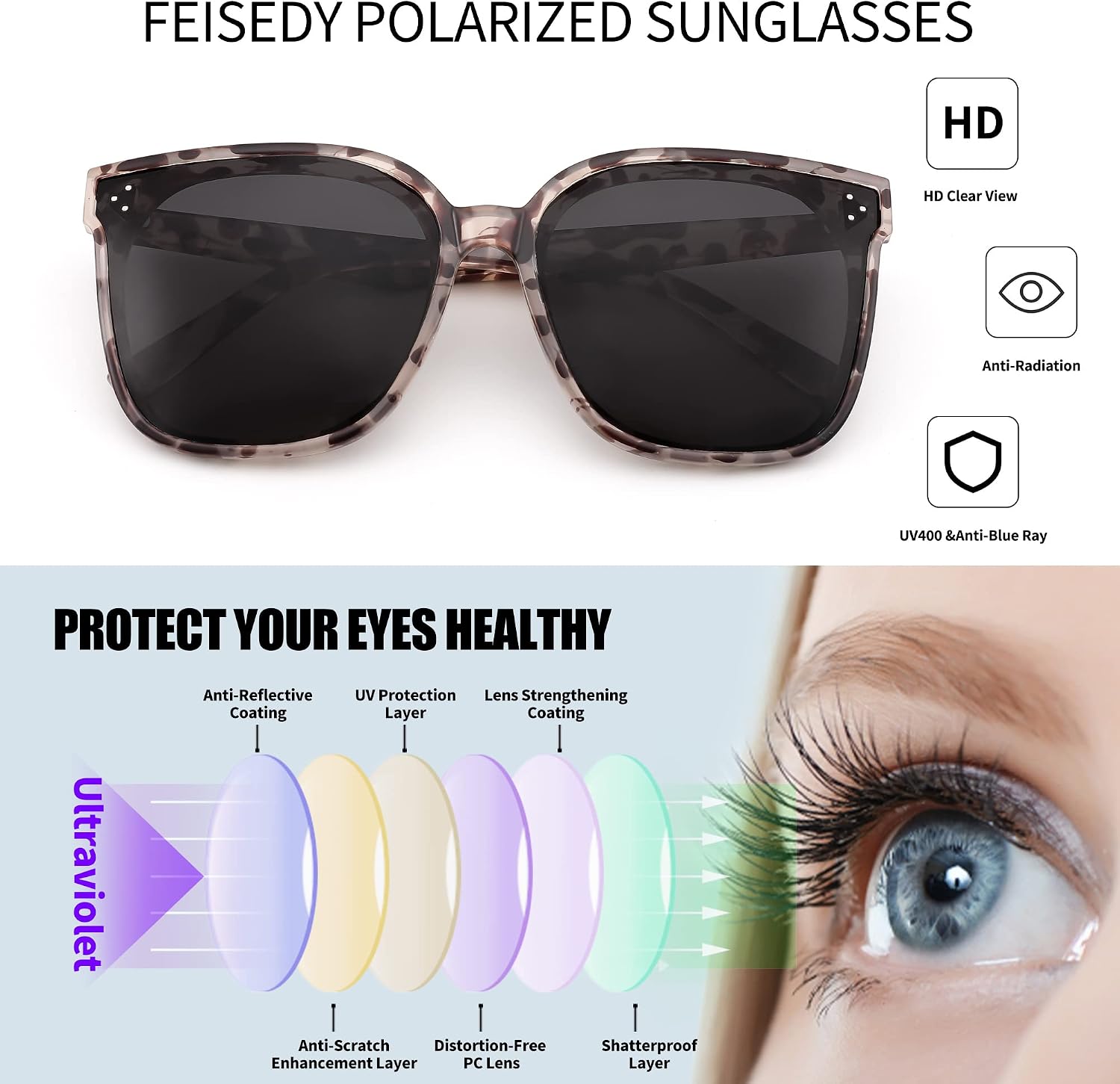 商品图片 71 | B0871BKMTN | FEISEDY Oversized Polarized Sunglasses - UV400 Protection, Square Fashion Sun Glasses for Outdoor & Daily B2600
