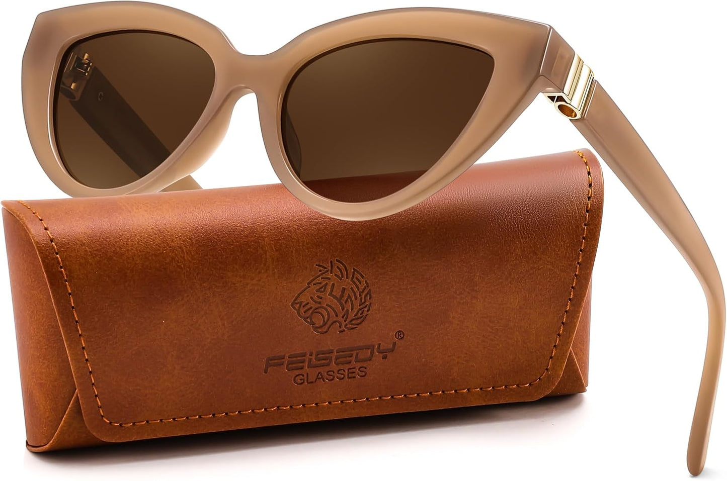 FEISEDY Cat eye Sunglasses Polarized and Retro Stylish for Women Men B0428 | UV400 Protection, for Driving Fishing Beach Travel and Party, Metal Accents, Versatile Styling | WHITE Series - Champagne Frame + Tea Lens