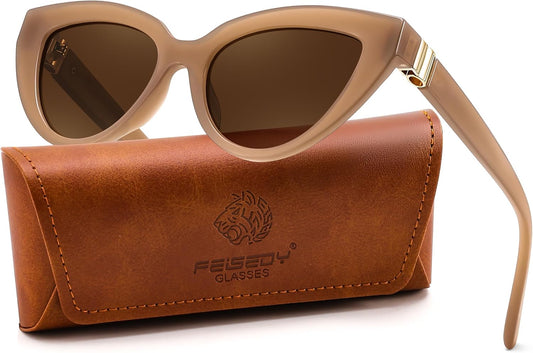 FEISEDY Cat eye Sunglasses Polarized and Retro Stylish for Women Men B0428 | UV400 Protection, for Driving Fishing Beach Travel and Party, Metal Accents, Versatile Styling | WHITE Series - Champagne Frame + Tea Lens