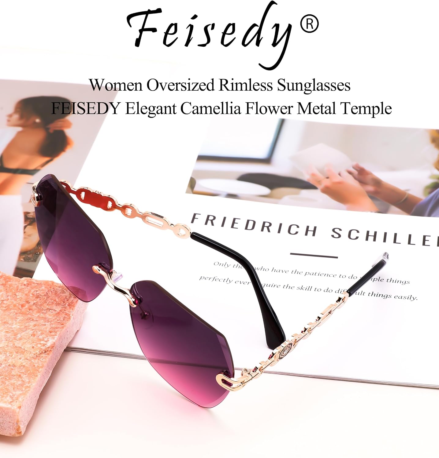 商品图片 45 | B083VRLS2Q | FEISEDY Classic Rimless Sunglasses Women Metal Frame Diamond Cutting Lens Sun Glasses B2567