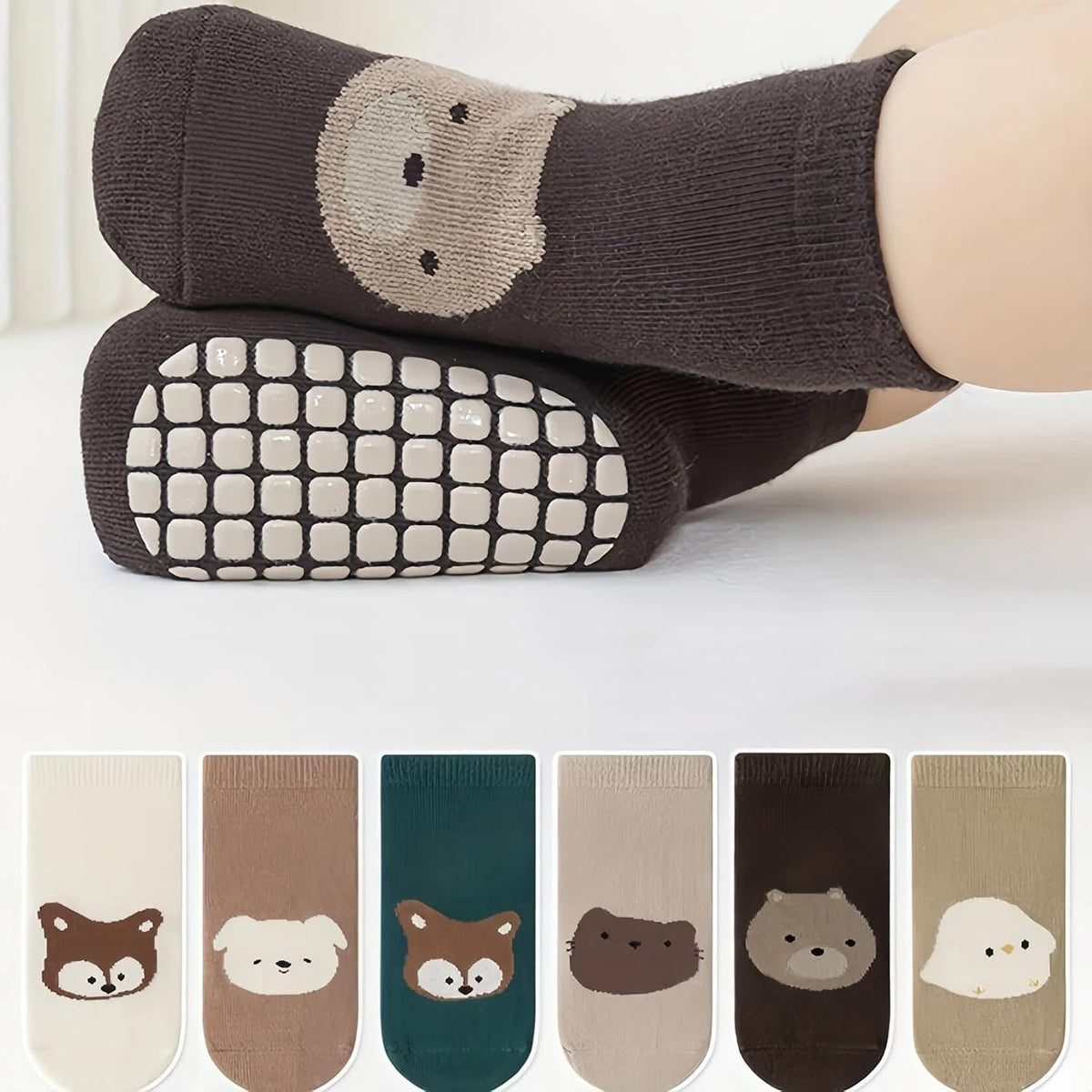 商品图片 2 | B0H2HQ69L4 | 6 Pairs Baby Toddler Non Slip Socks with Grippers, Crew Cartoon Animal Grip Socks for Kids Boys Girls 1-3 Years